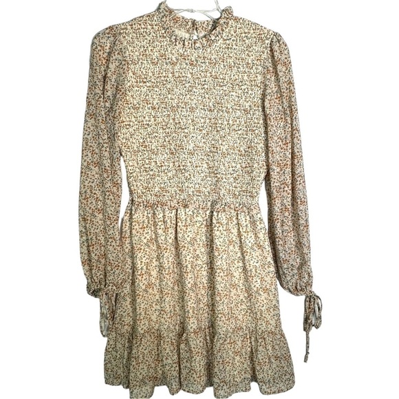 ILLA ILLA Smocked Mini Dress Ditsy Floral Long Sleeve Ruffle Hem - Picture 1 of 7